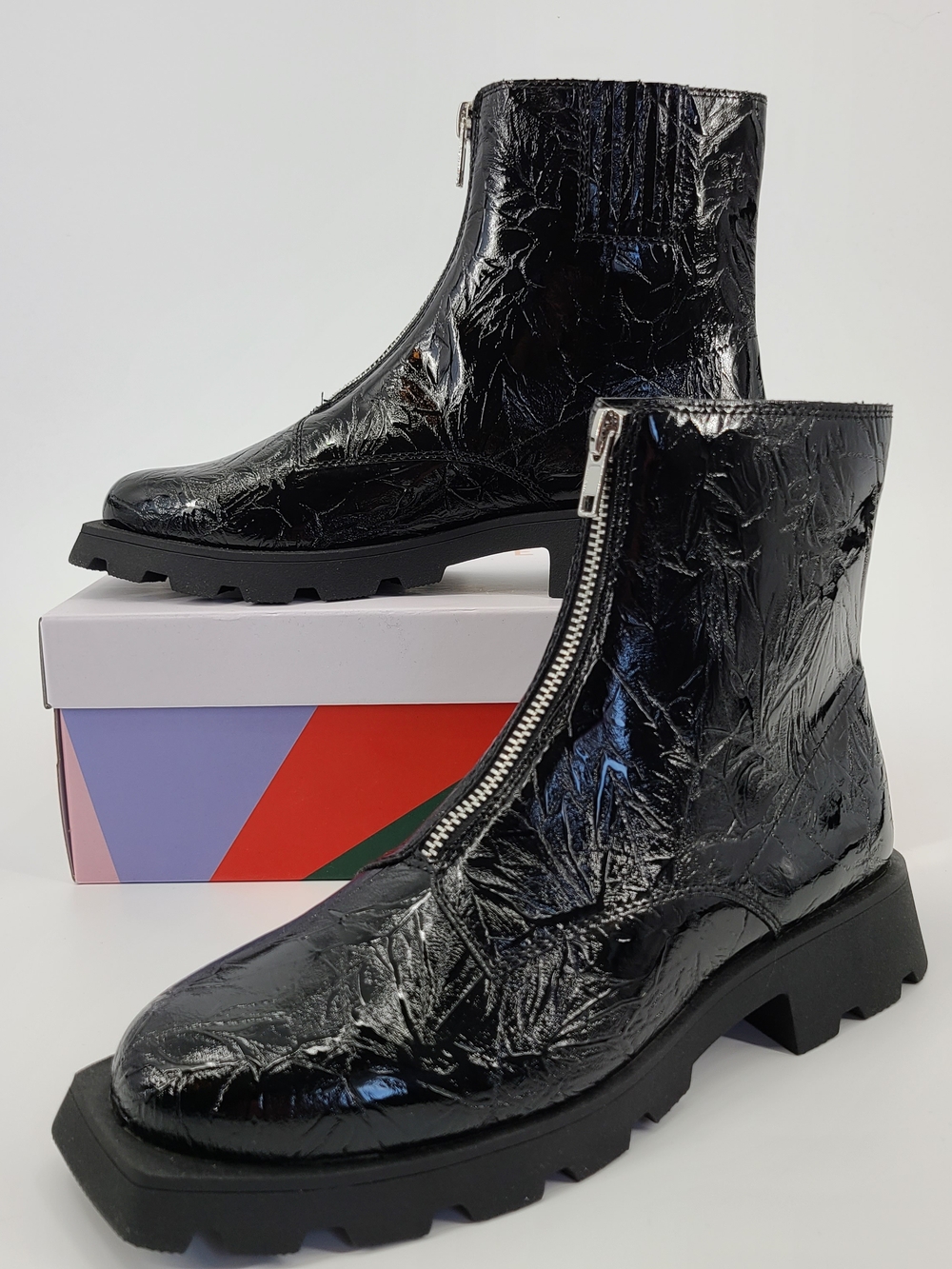Katy Perry Collections Chunky Black Patent Zip-Up Ankle Boots Size 7.5